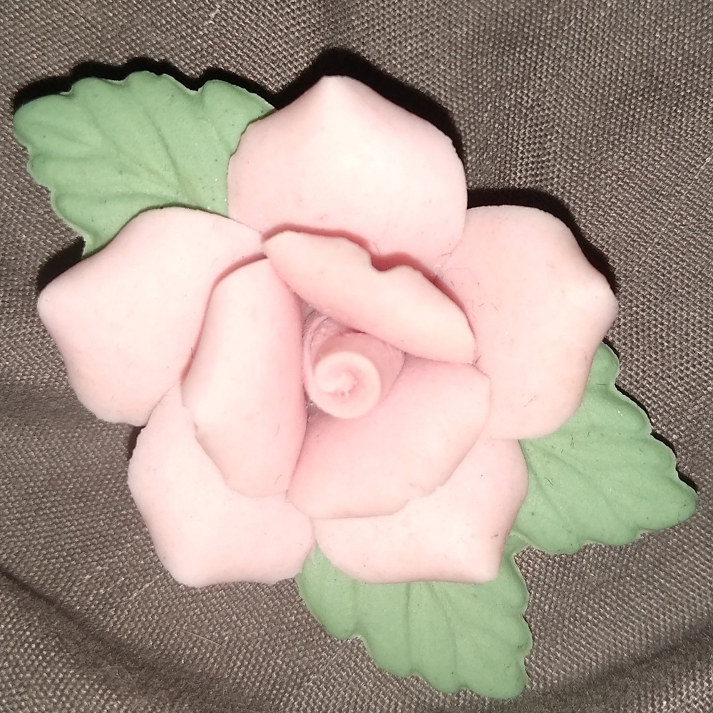 Vintage 1970s Ceramic Porcelain Pink Rose Brooch